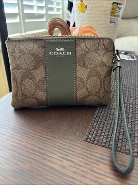 Coach Brown Signature Canvas Wristlet with Olive Leather Trim
